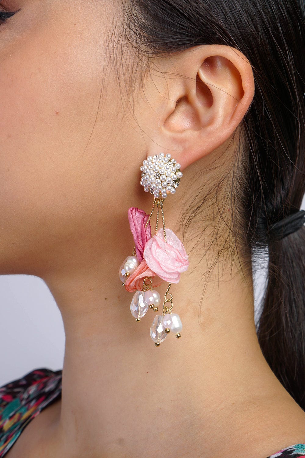 EARRINGS Pink Fabric Diamond Pearl Crystal Petal Drop Earrings - Chloe Dao