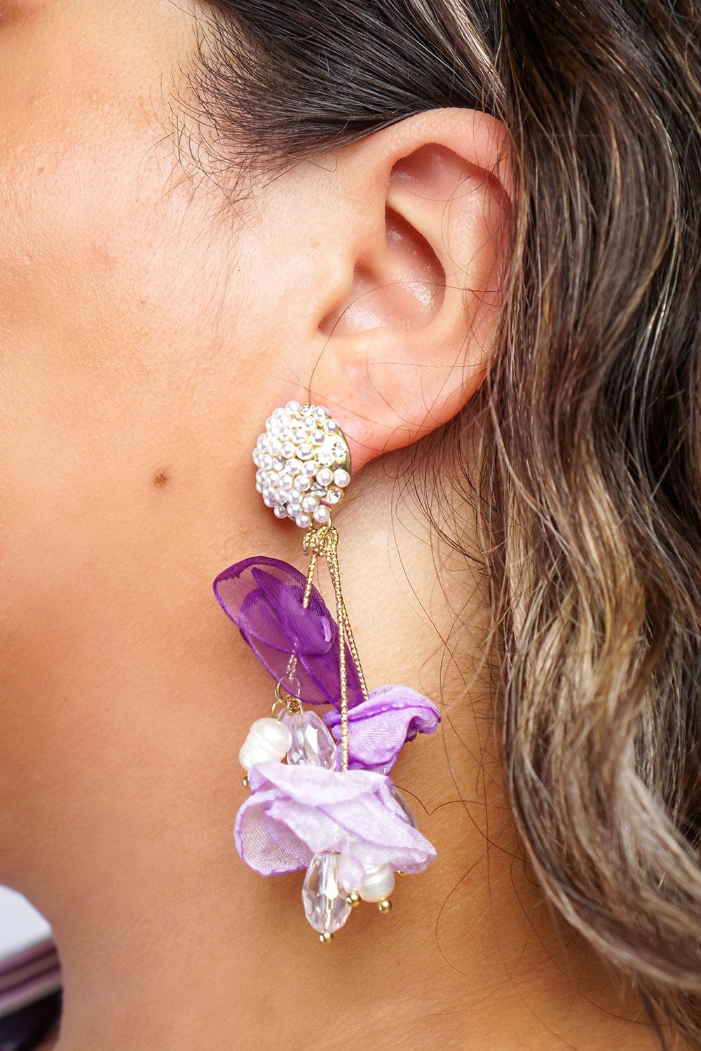 EARRINGS Purple Fabric Diamond Pearl Crystal Petal Drop Earrings - Chloe Dao