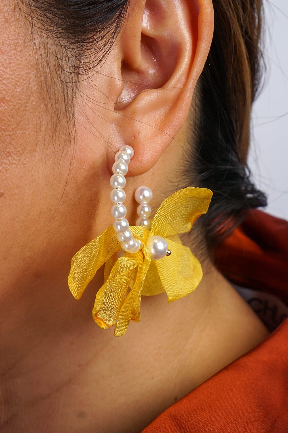 EARRINGS Yellow Fabric Flower C-shaped Earrings - Chloe Dao