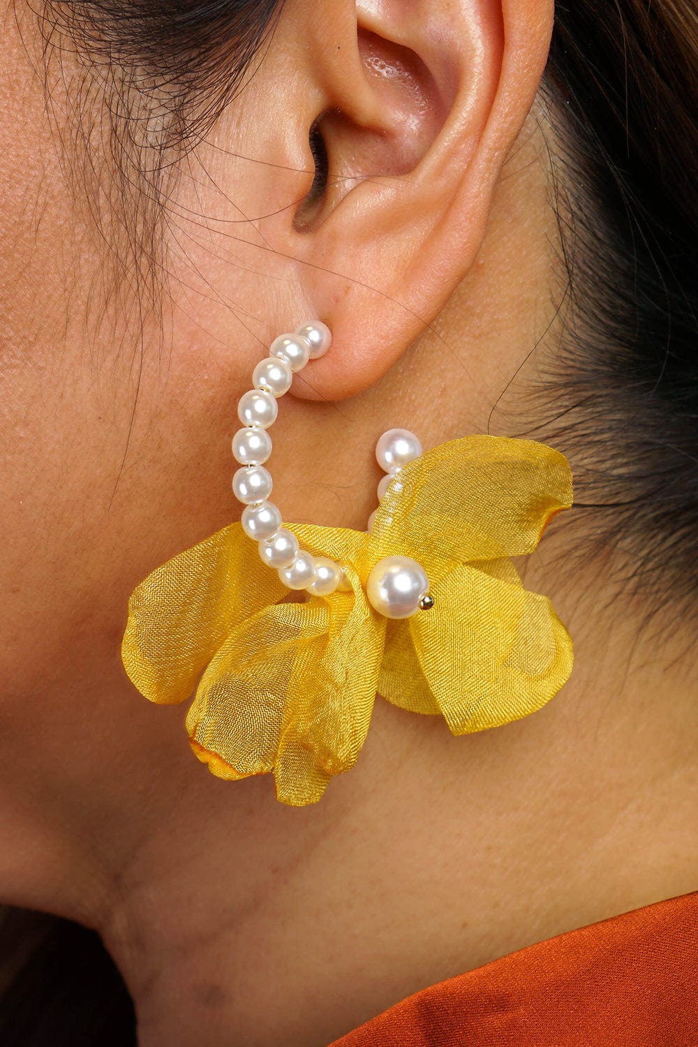 EARRINGS Yellow Fabric Flower C-shaped Earrings - Chloe Dao
