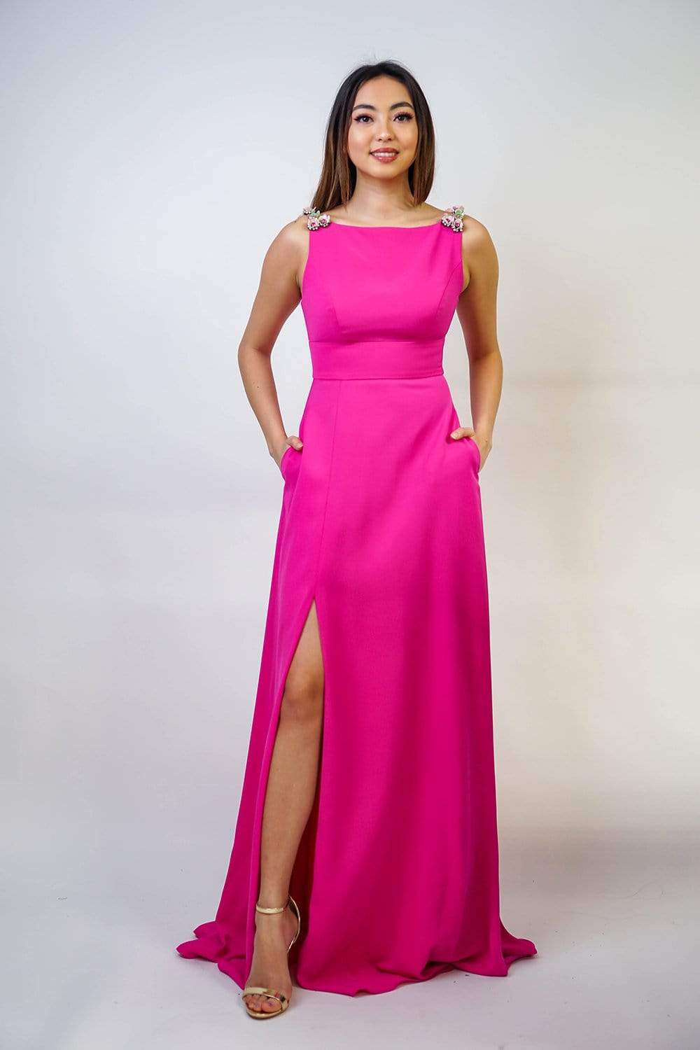 GOWNS Bow Neck A line Front Slit Lawson Gown - Chloe Dao