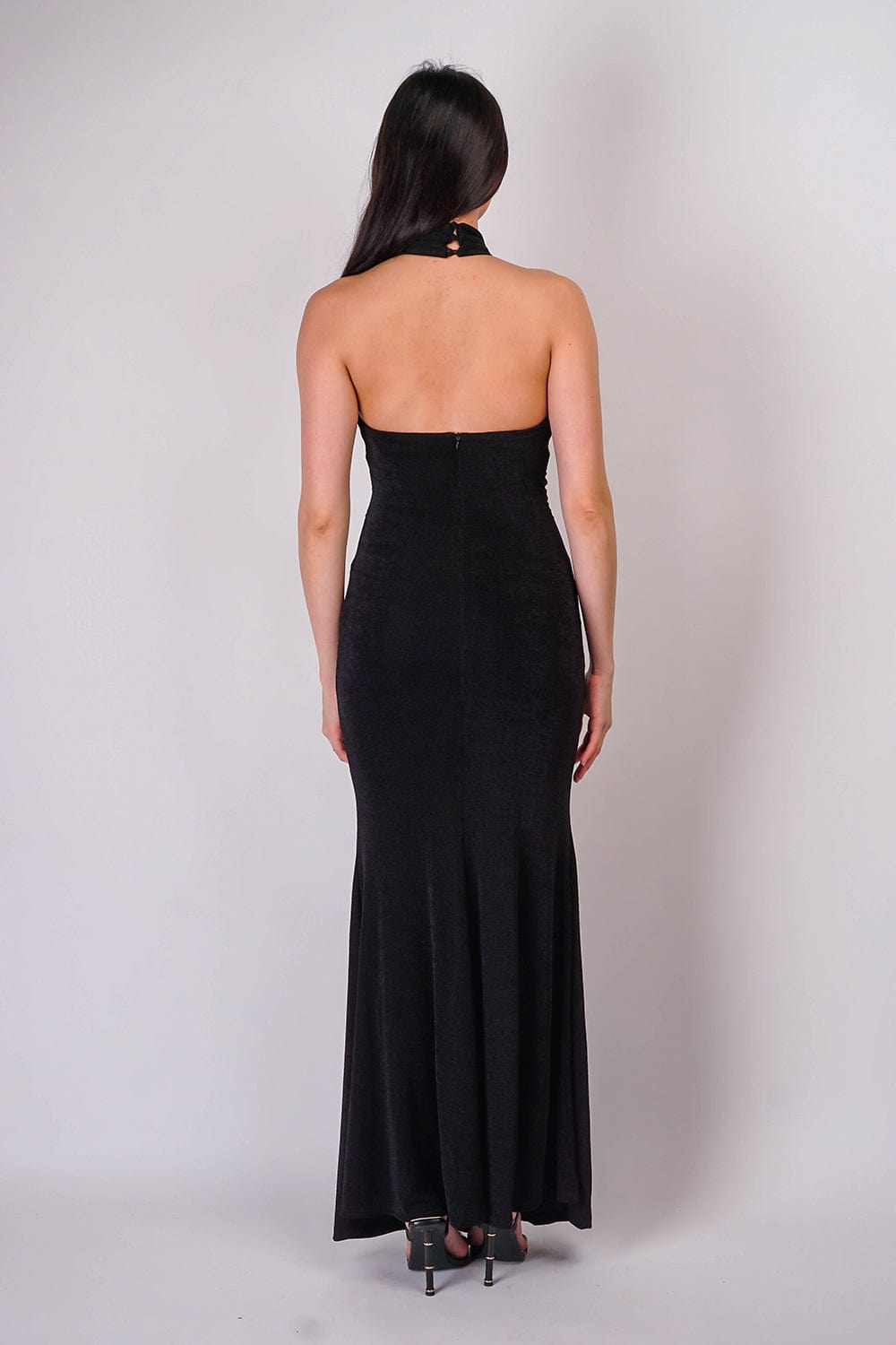 DCD Gowns Black Halter Open Front Jersey Gown