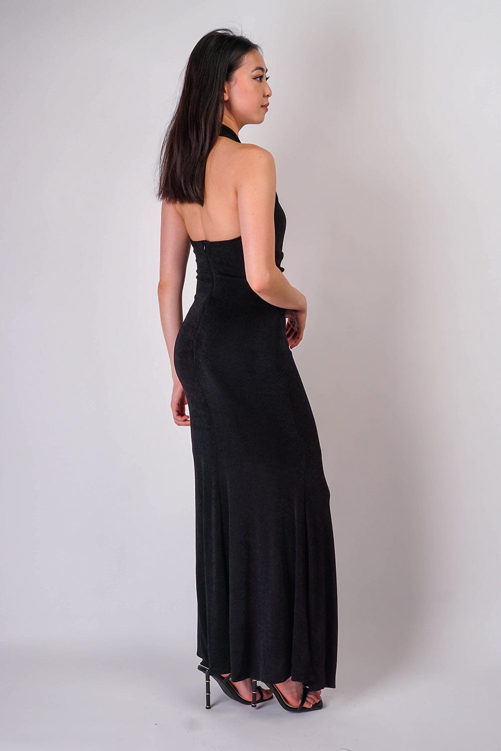 DCD Gowns Black Halter Open Front Jersey Gown