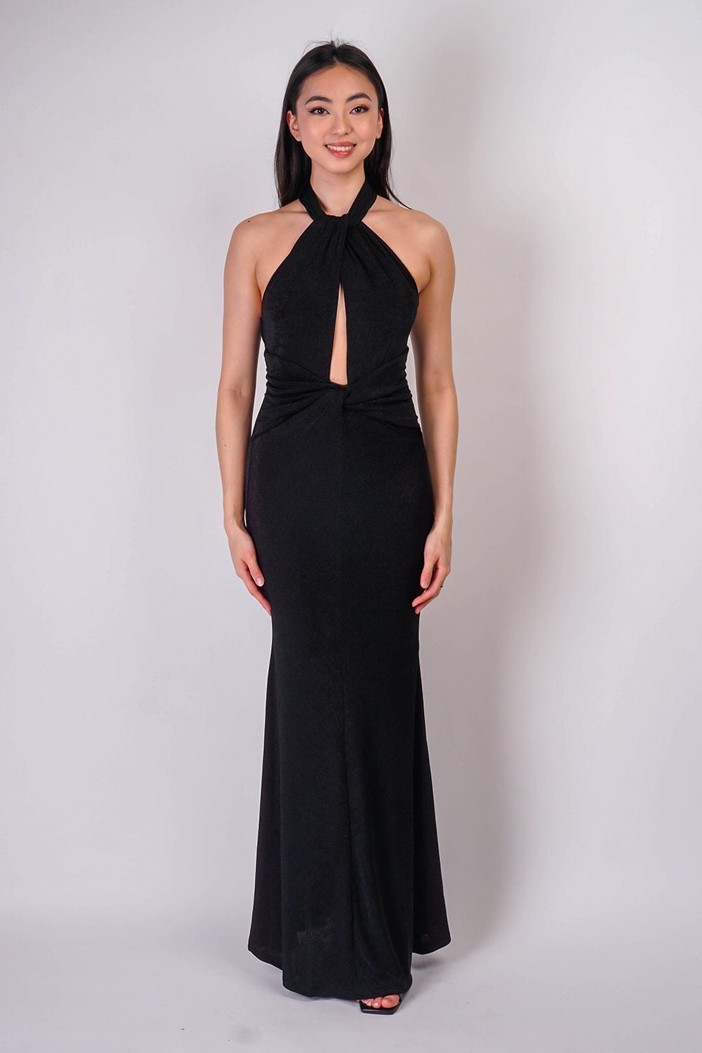 DCD Gowns Black Halter Open Front Jersey Gown