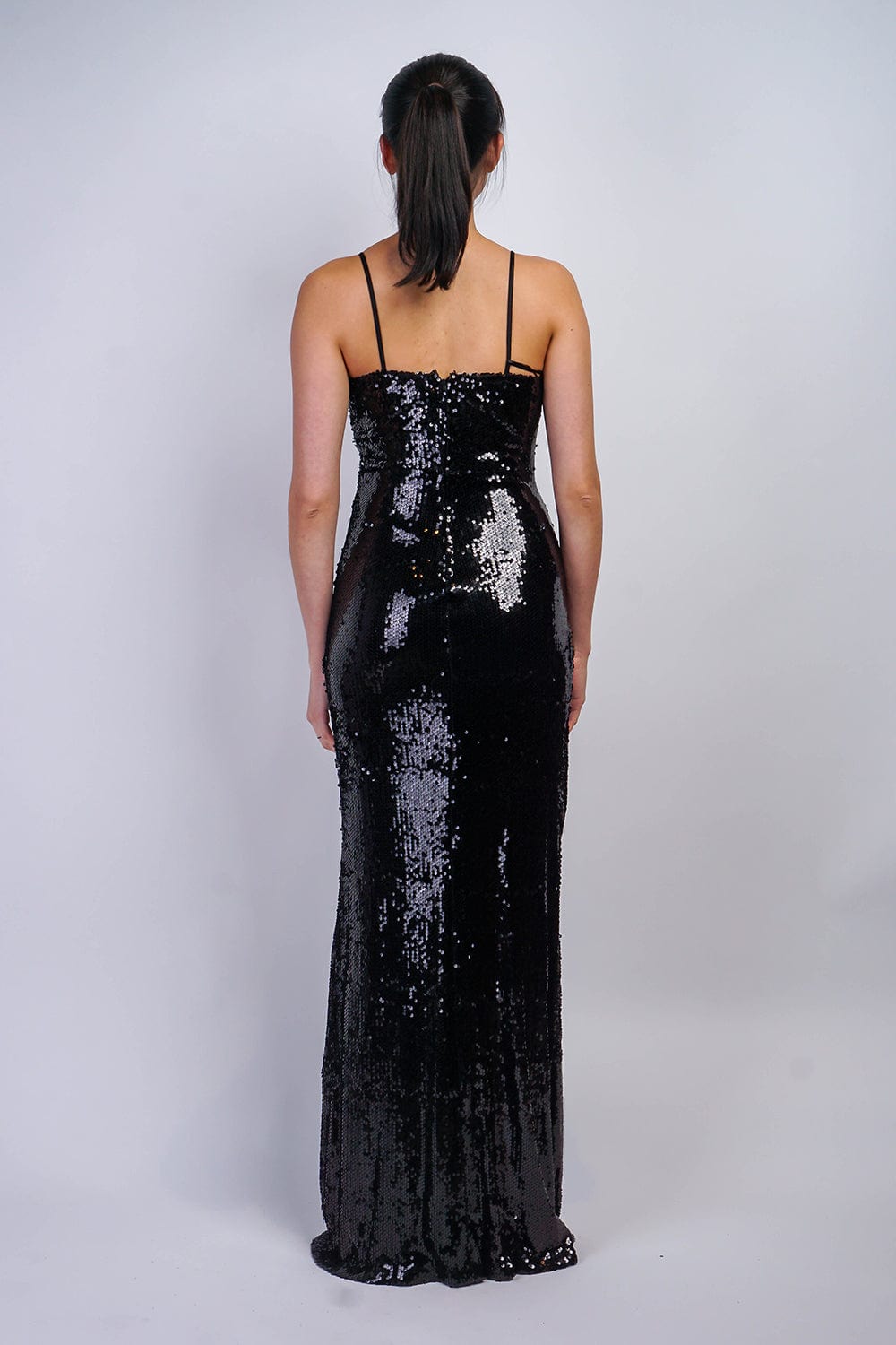 GOWNS Black Sequin High Slit Pleated Gown - Chloe Dao