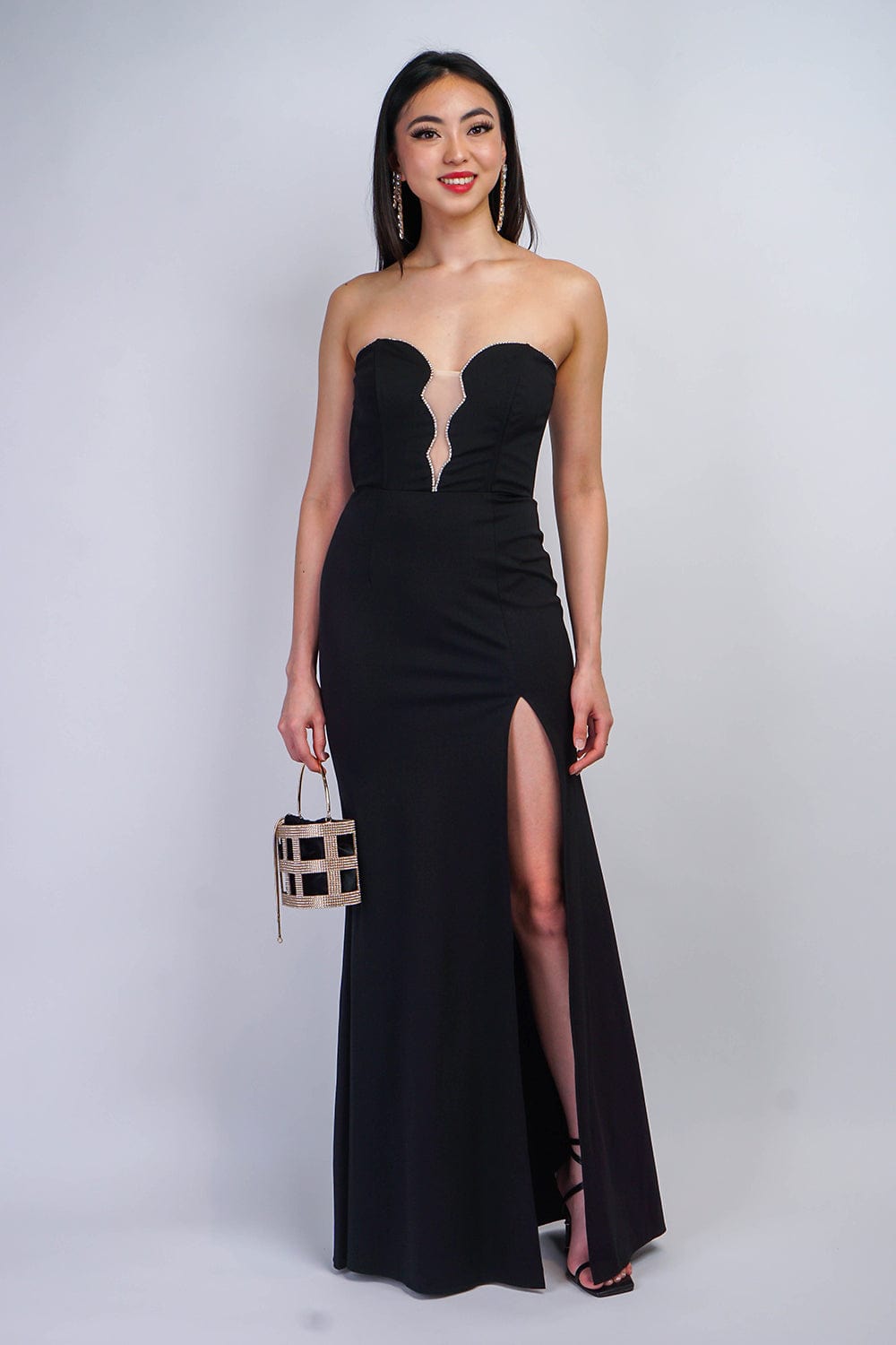 DCD GOWNS Black Strapless Bejewel Necklace Gown