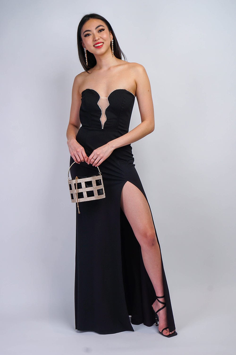 DCD GOWNS Black Strapless Bejewel Necklace Gown