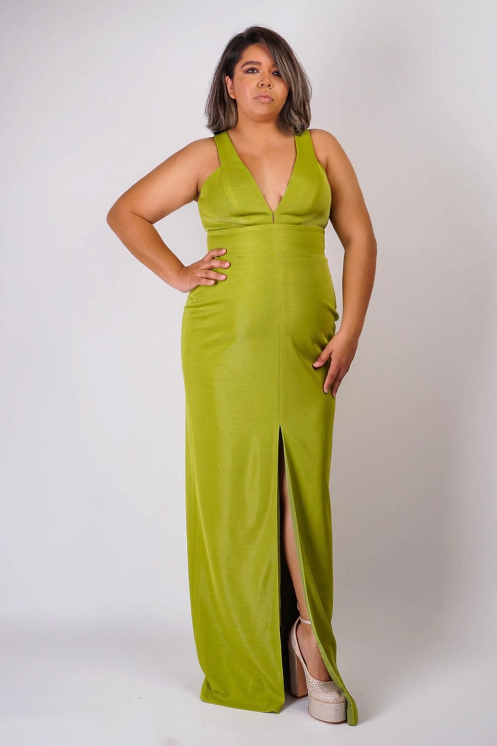 DCD GOWNS Chartreuse Luxe Slim V Neck Sonaya Gown