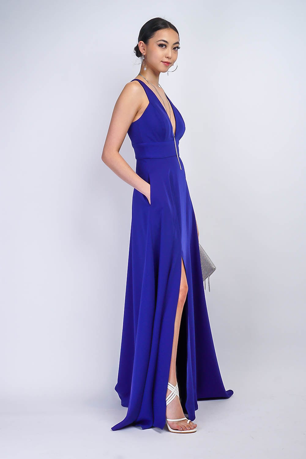 GOWNS Cobalt Blue V Neck Front Slit Soraya Gown - Chloe Dao