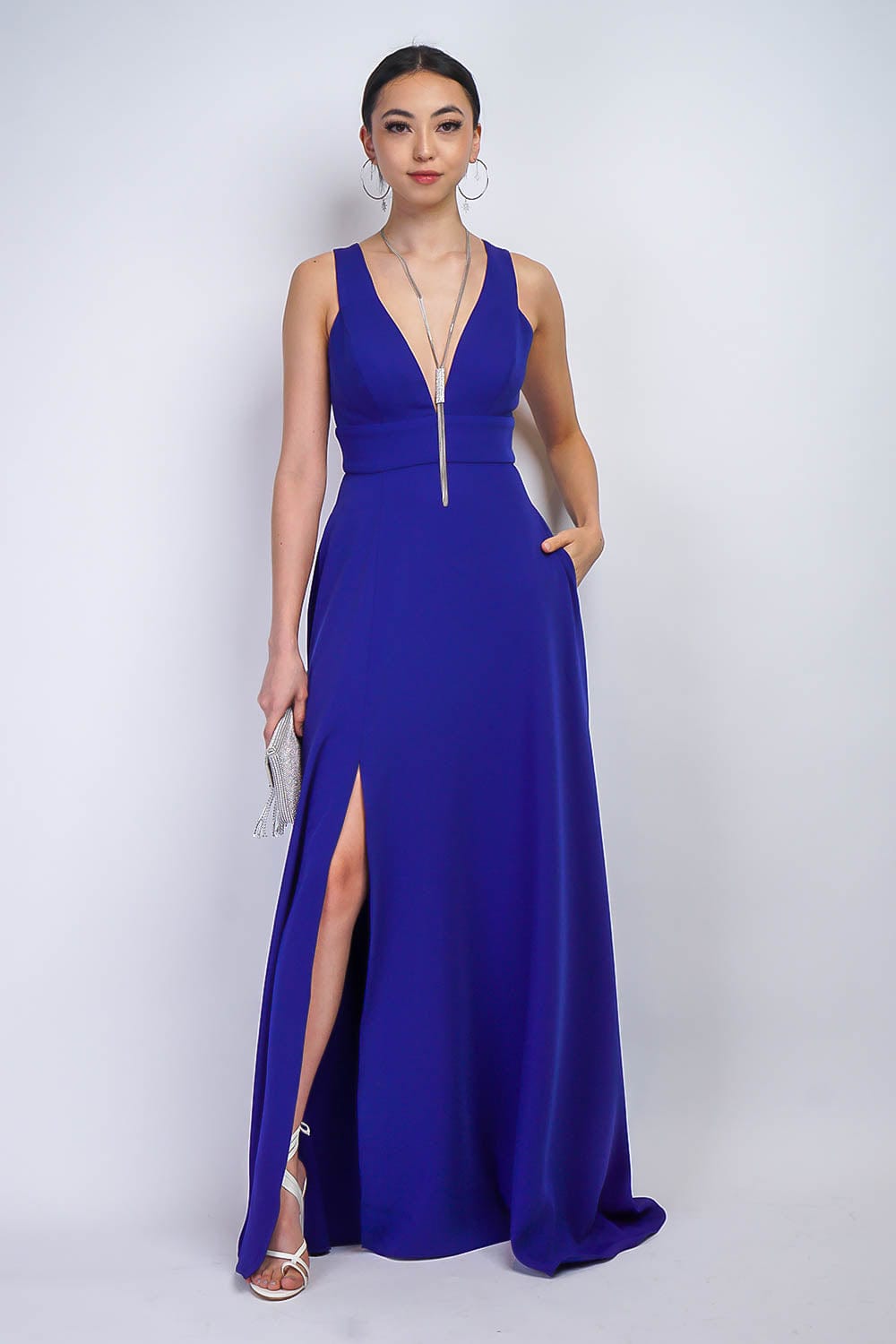 GOWNS Cobalt Blue V Neck Front Slit Soraya Gown - Chloe Dao