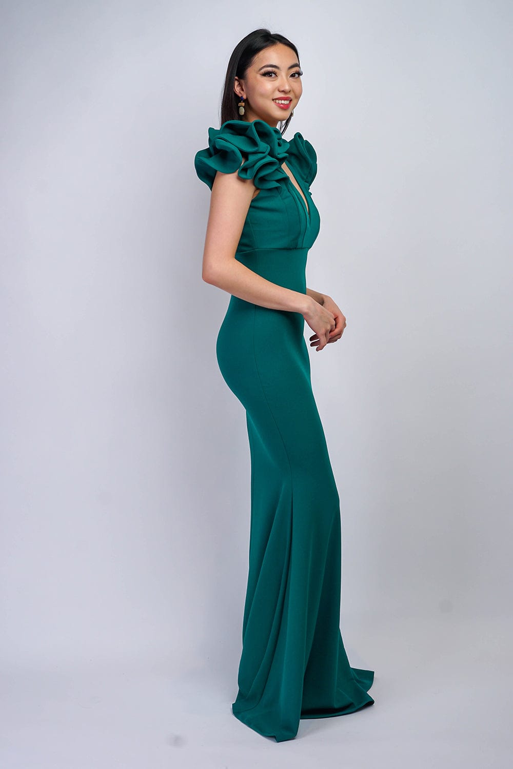 DCD GOWNS Green Ruffle Shoulder V Neck Gown