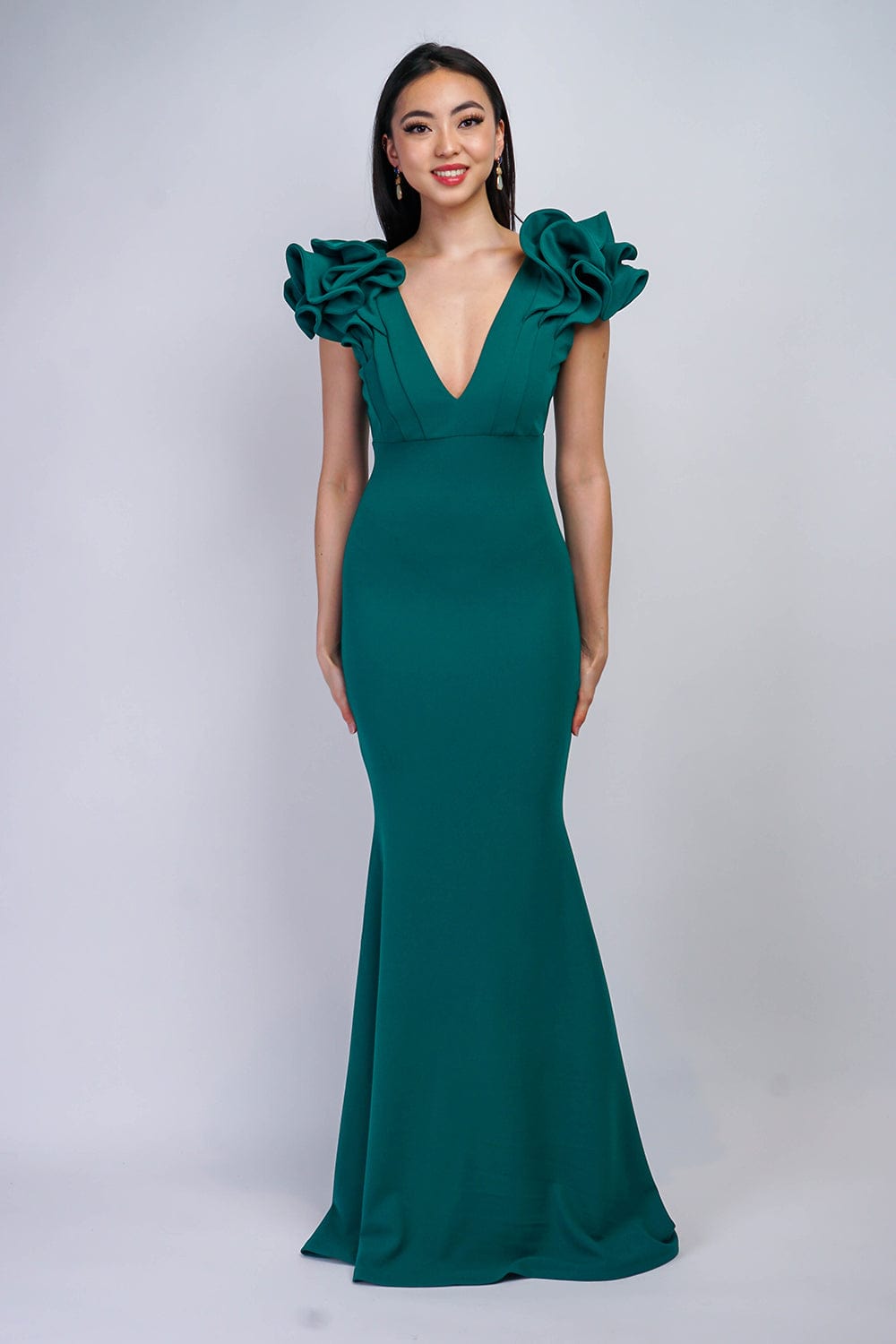DCD GOWNS Green Ruffle Shoulder V Neck Gown