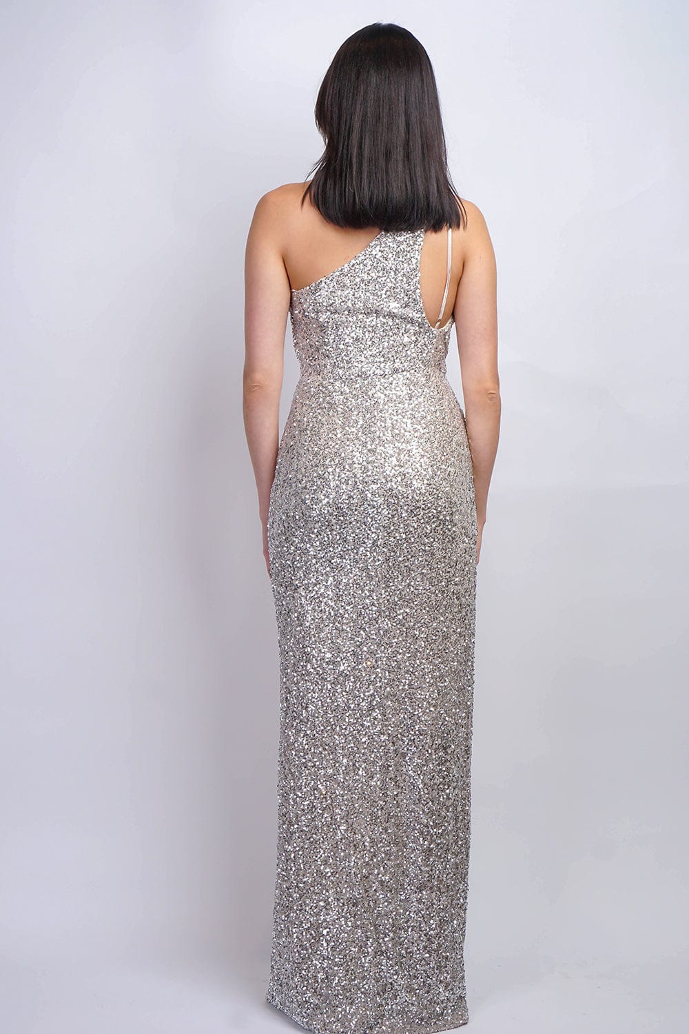 GOWNS Ice Silver Sequins One Shld Cut Out Gown - Chloe Dao