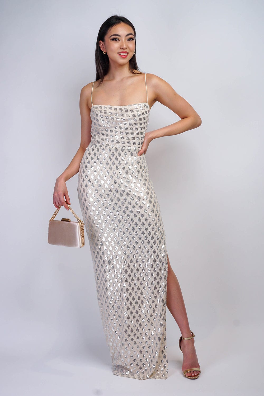 DCD GOWNS Ivory/Silver Stretch Sequin Gown