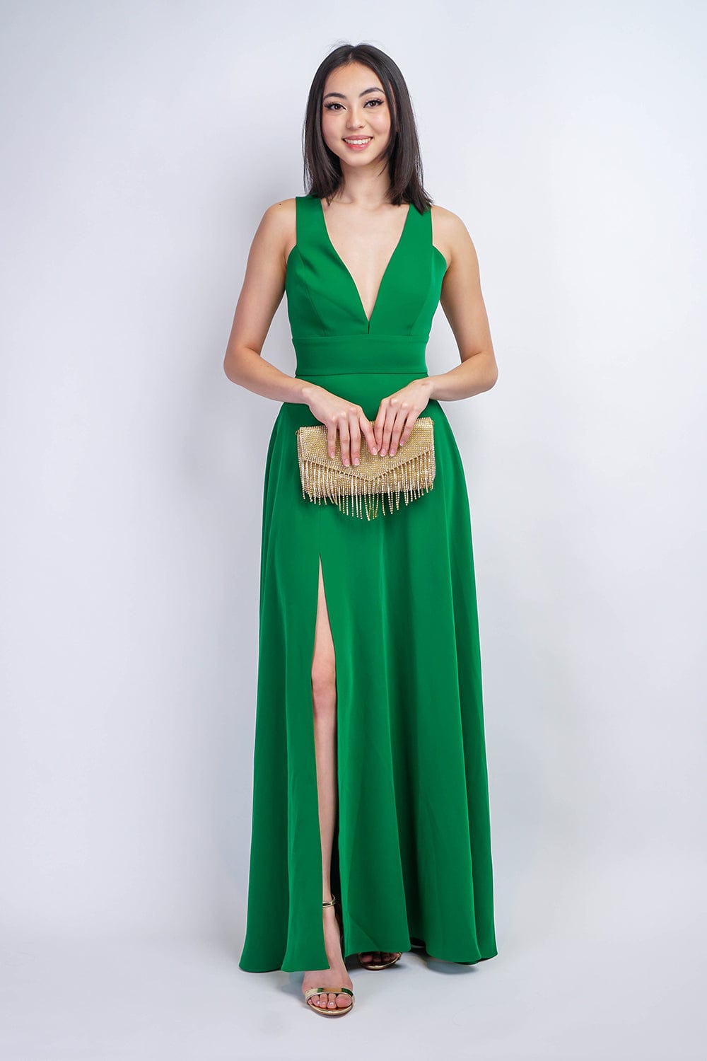 GOWNS Kelly Green V Neck Front Slit Soraya Gown - Chloe Dao