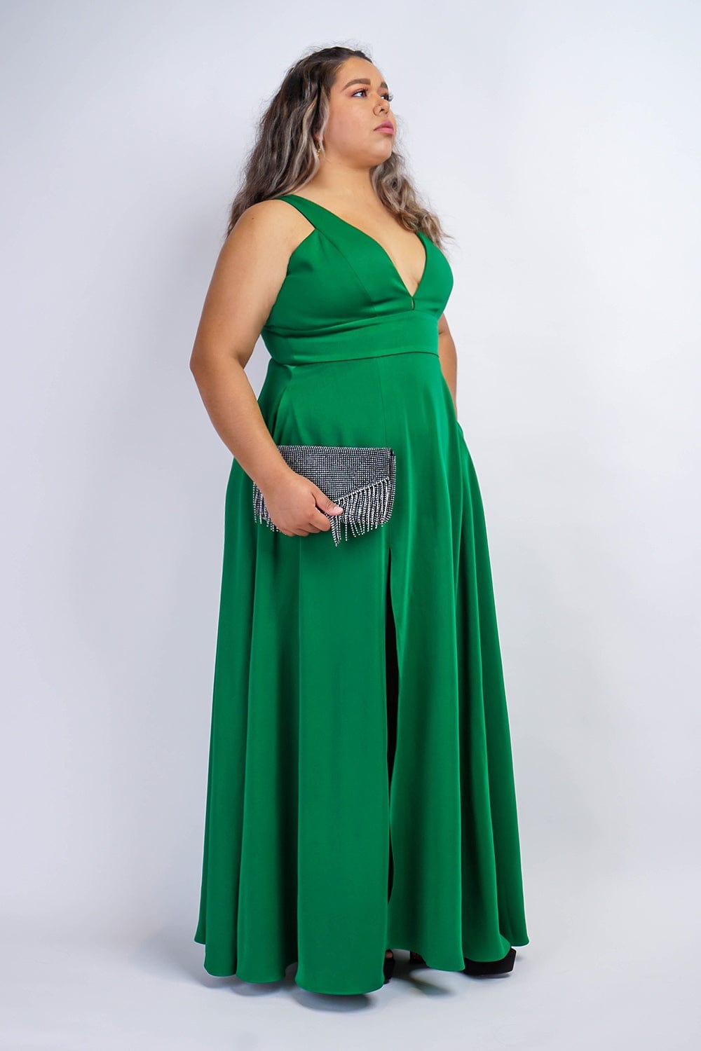 GOWNS Kelly Green V Neck Front Slit Soraya Gown - Chloe Dao