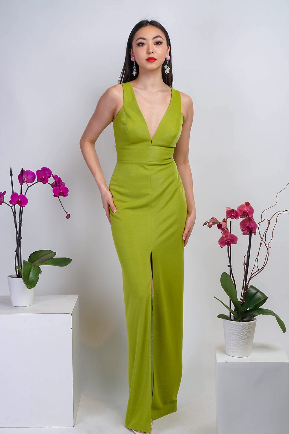 DCD GOWNS Lime Green Luxe V Neck Front Slit Gown