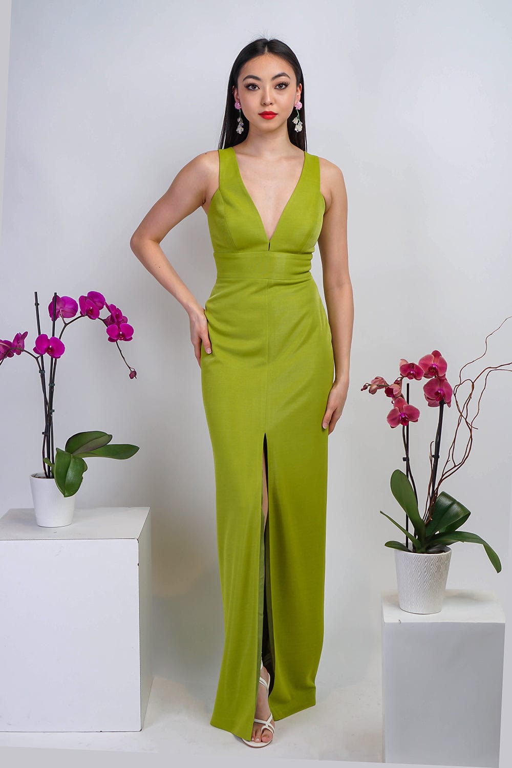 DCD GOWNS Lime Green Luxe V Neck Front Slit Gown