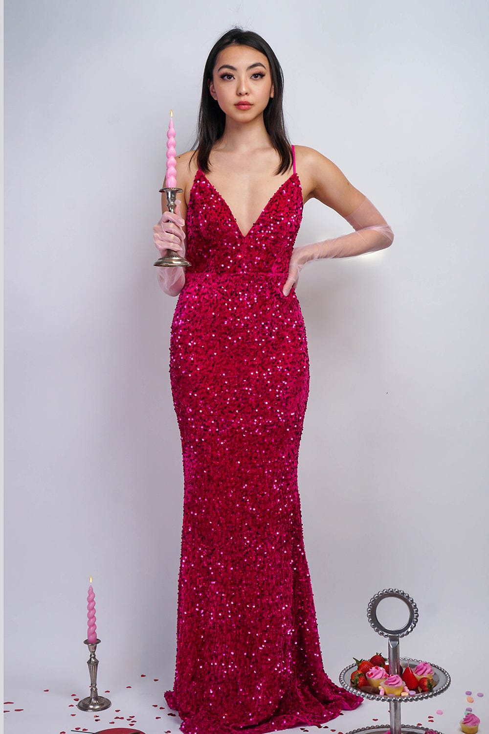 GOWNS Magenta Sequin Velvet Gown - Chloe Dao