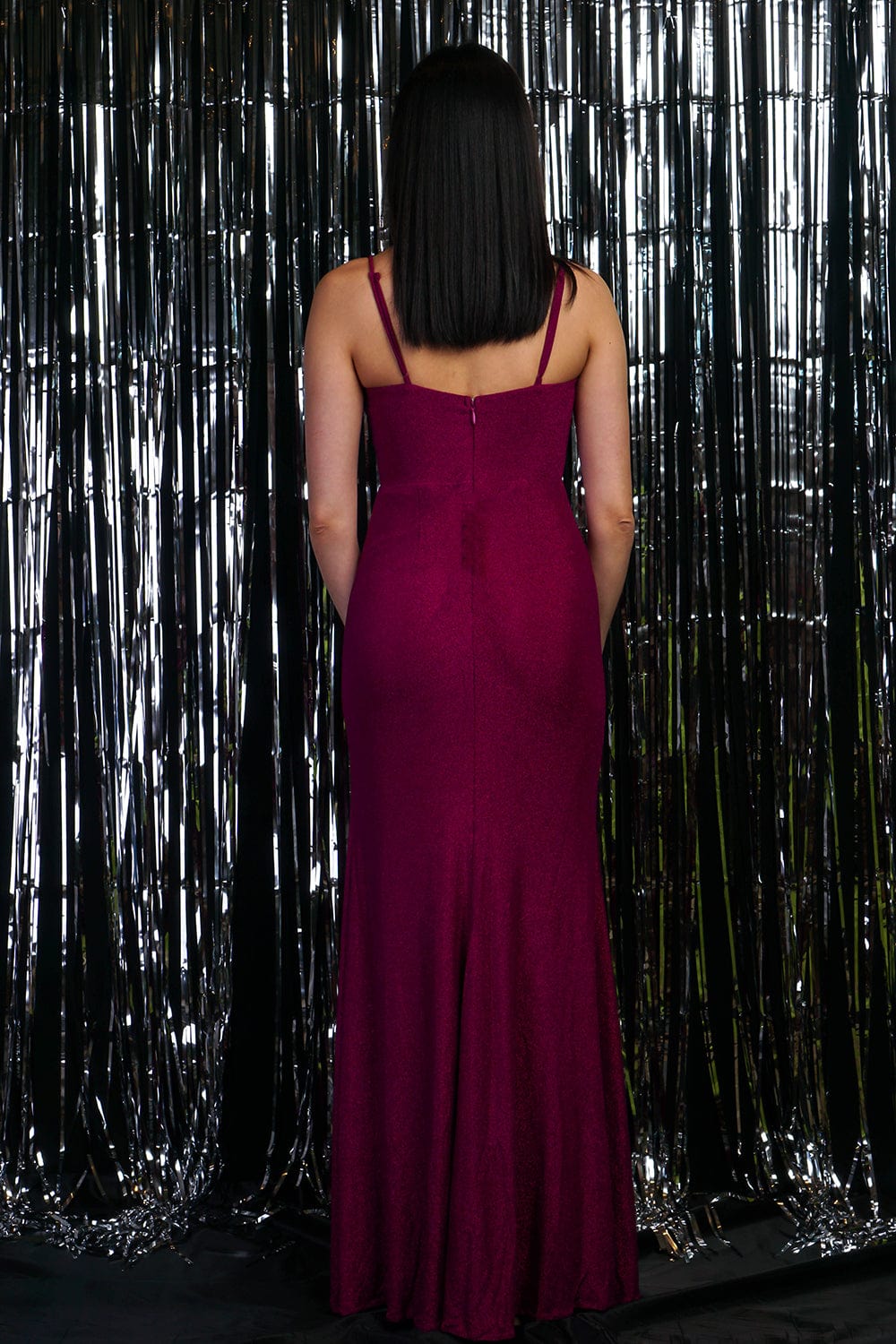 GOWNS Magenta Strap Cut Out Glitter Slit Gown - Chloe Dao