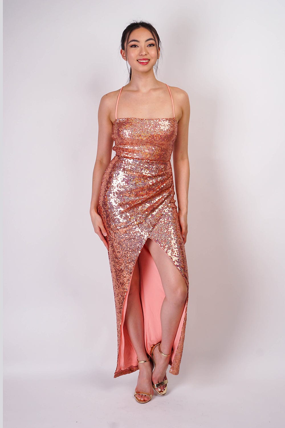 DCD Gowns Multi Sequin Cowl Tie Back Gown