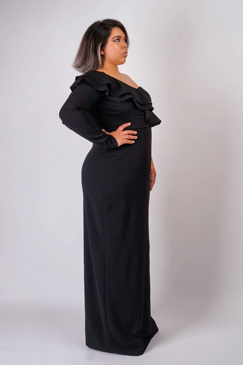 DCD GOWNS Plus Black  One  Shoulder Ruffle  Gown