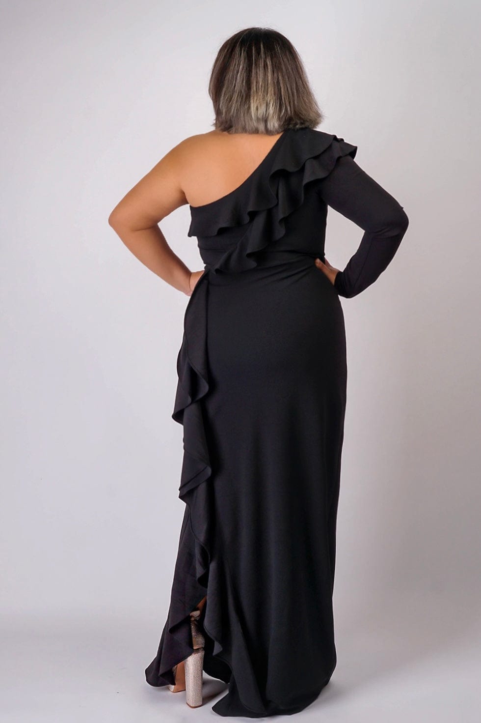 DCD GOWNS Plus Black  One  Shoulder Ruffle  Gown