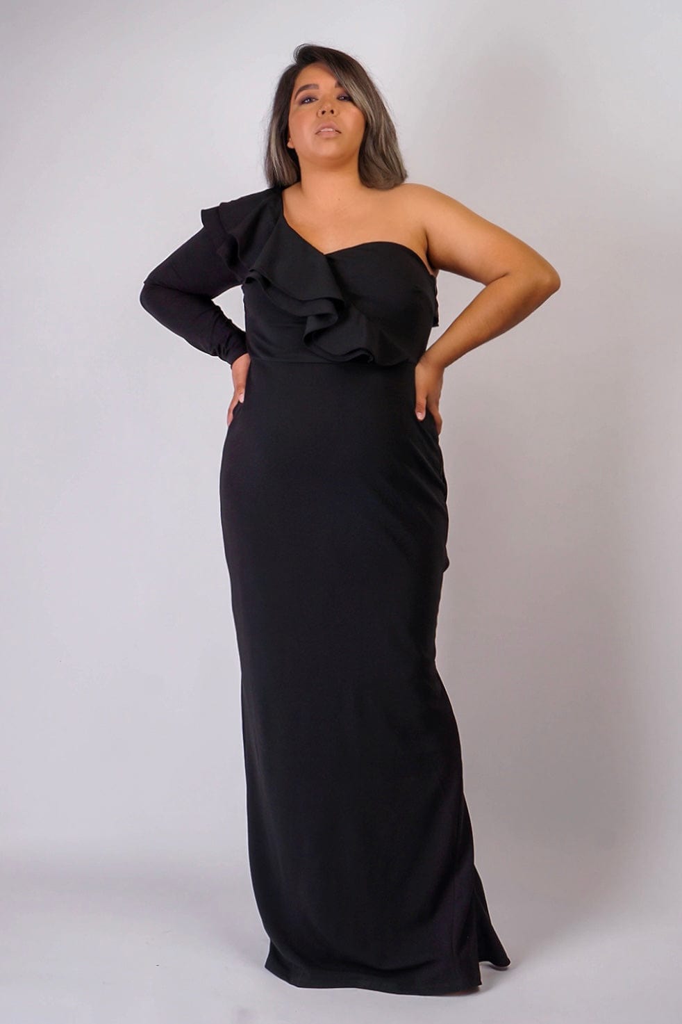 DCD GOWNS Plus Black  One  Shoulder Ruffle  Gown