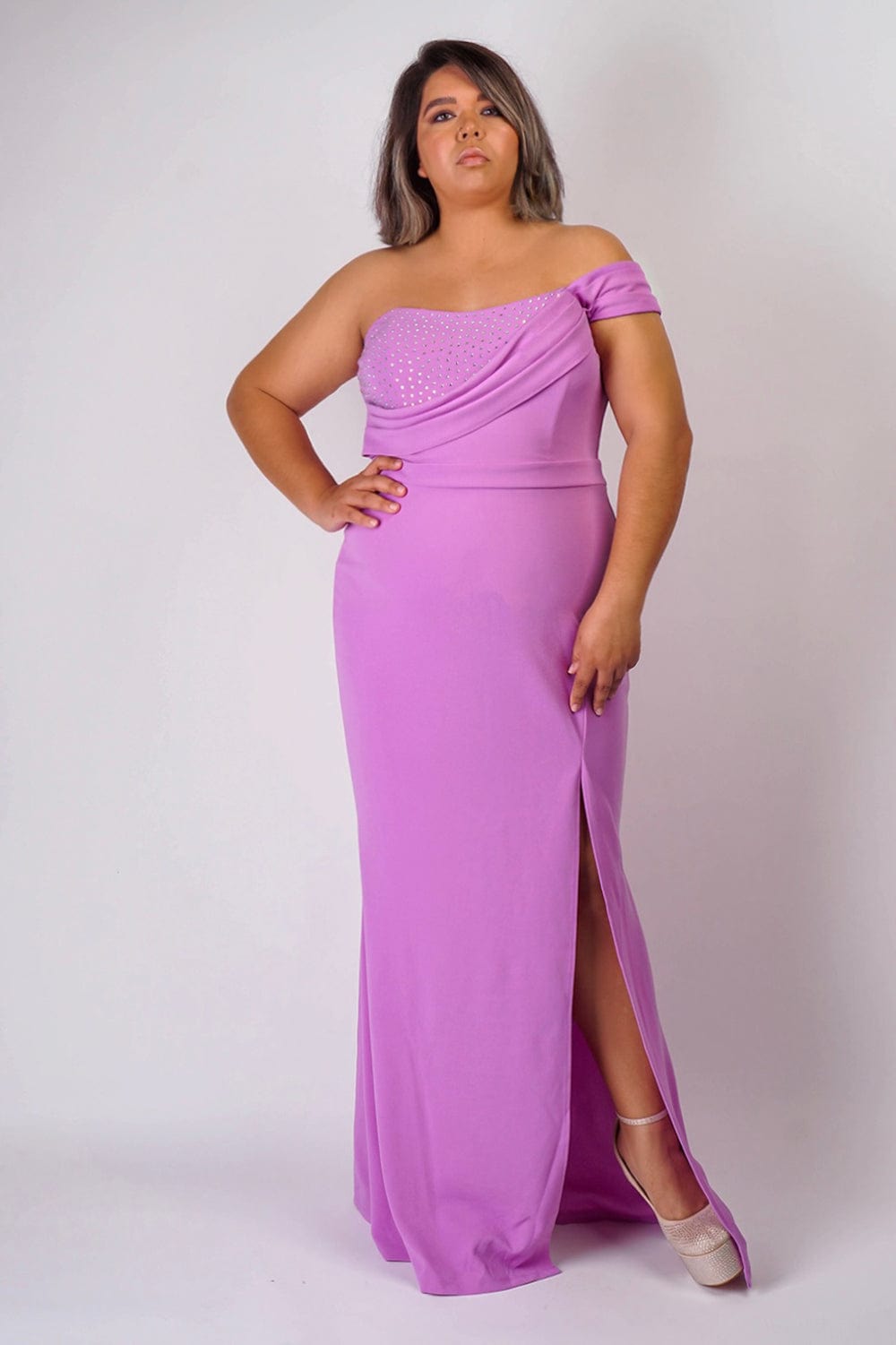 DCD GOWNS Plus Lavender One Shoulder Drape with Rhinestone Gown