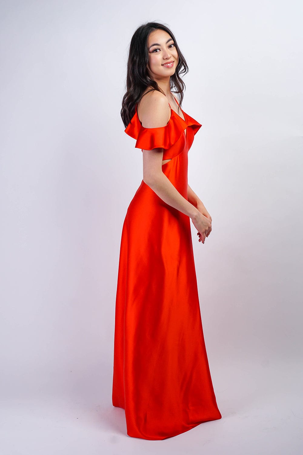 DCD GOWNS Red Orange Off Shoulder Ruffle Kai Gown