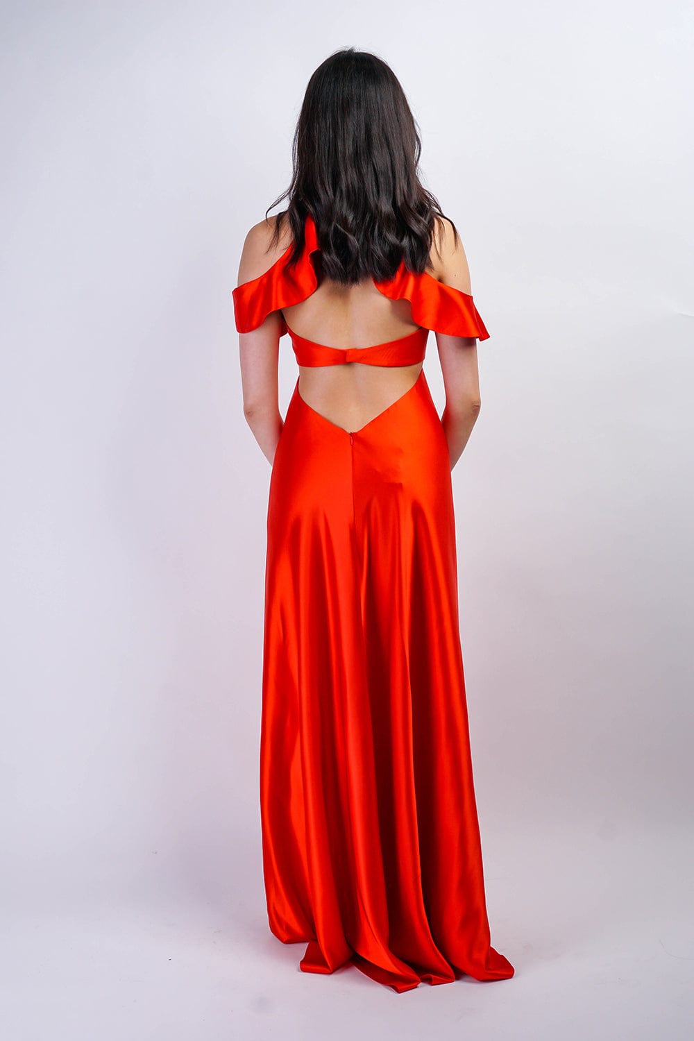 DCD GOWNS Red Orange Off Shoulder Ruffle Kai Gown