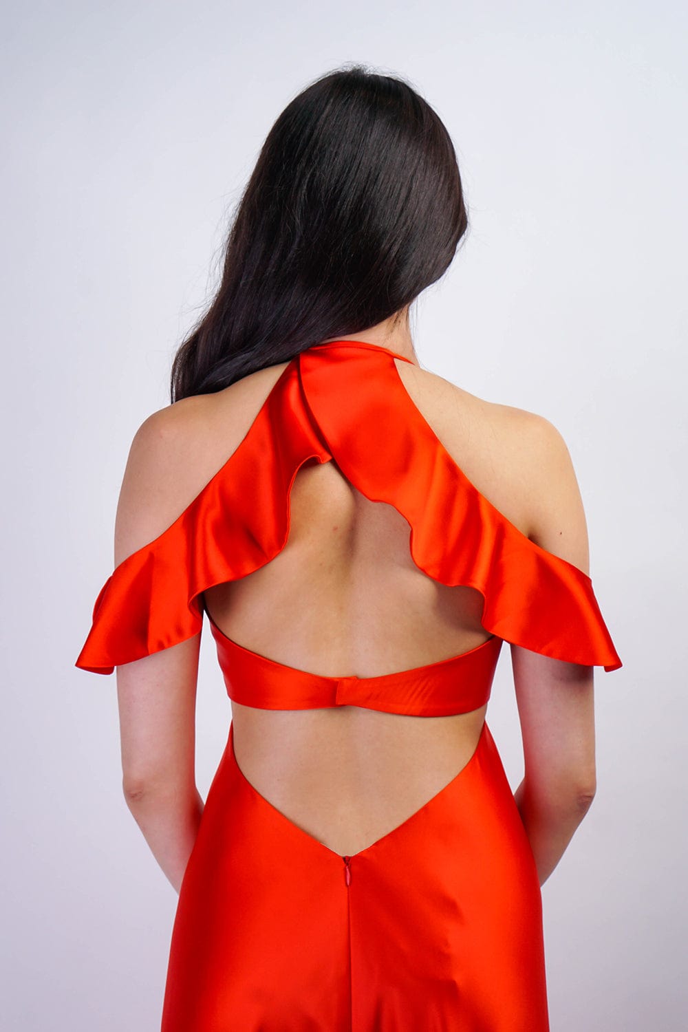 DCD GOWNS Red Orange Off Shoulder Ruffle Kai Gown