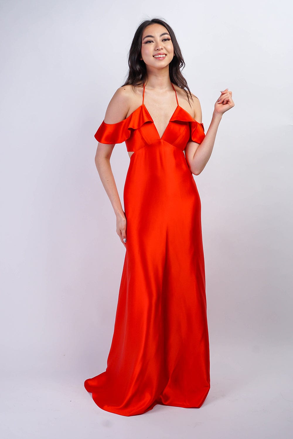 DCD GOWNS Red Orange Off Shoulder Ruffle Kai Gown