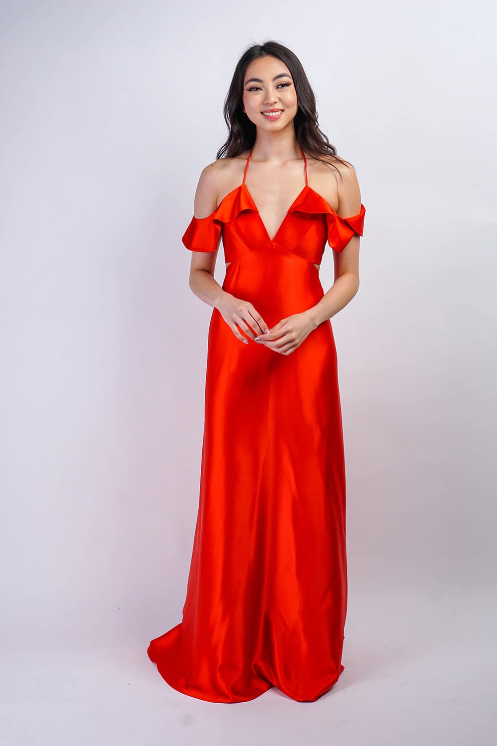 DCD GOWNS Red Orange Off Shoulder Ruffle Kai Gown