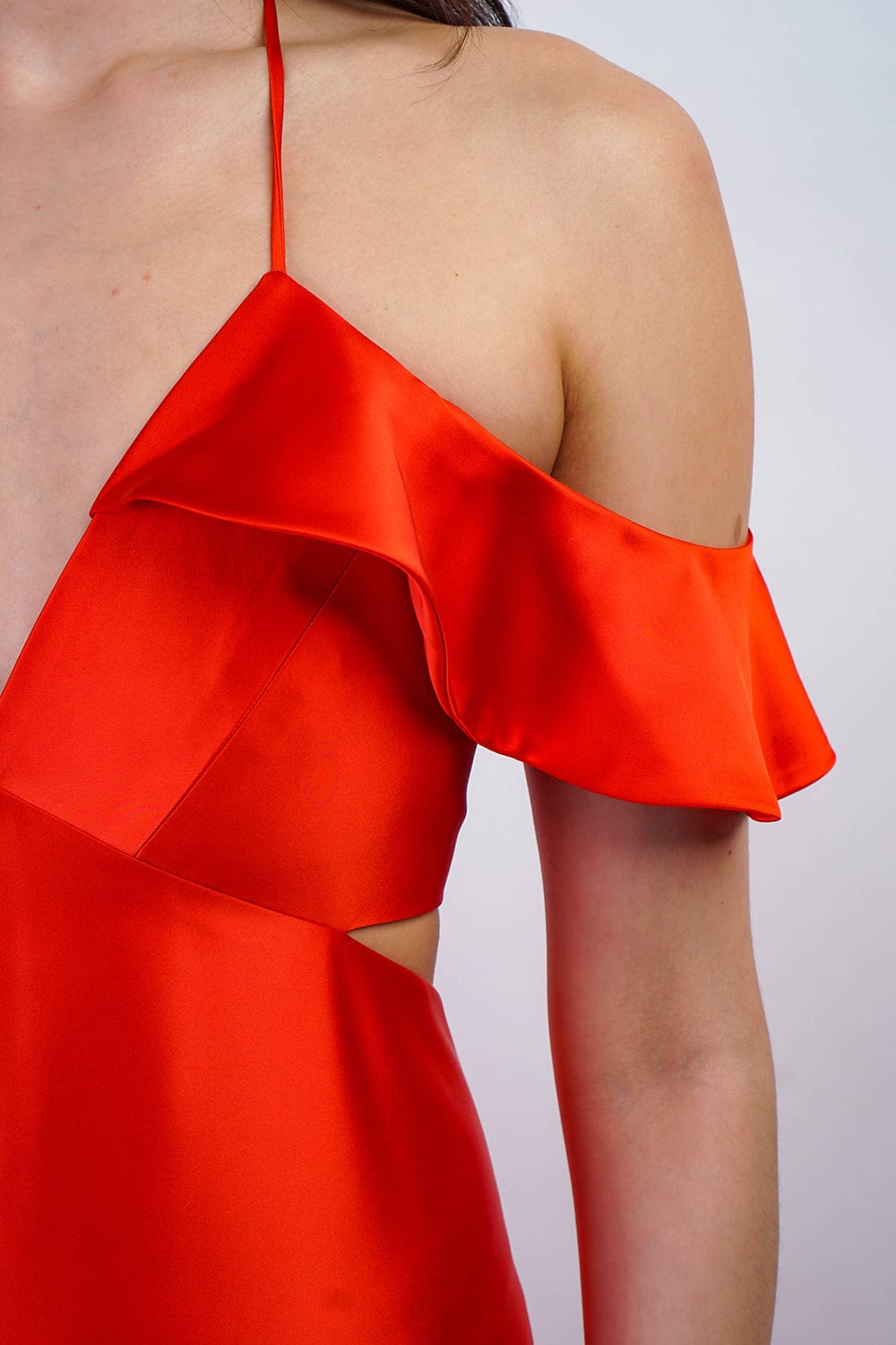 DCD GOWNS Red Orange Off Shoulder Ruffle Kai Gown