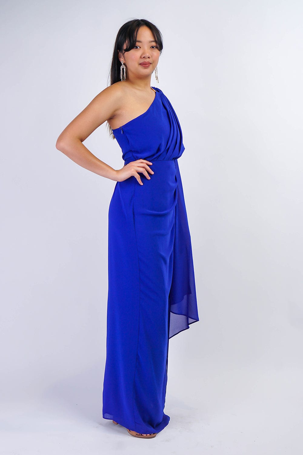 GOWNS Royal Blue One Shoulder Ring Chiffon Gown - Chloe Dao