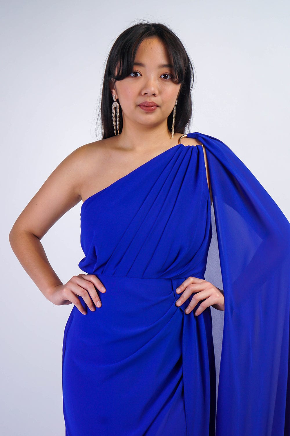 GOWNS Royal Blue One Shoulder Ring Chiffon Gown - Chloe Dao