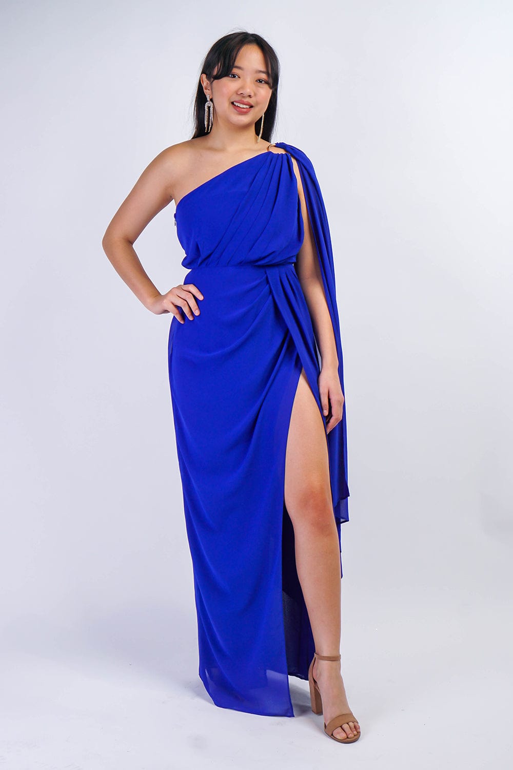 GOWNS Royal Blue One Shoulder Ring Chiffon Gown - Chloe Dao