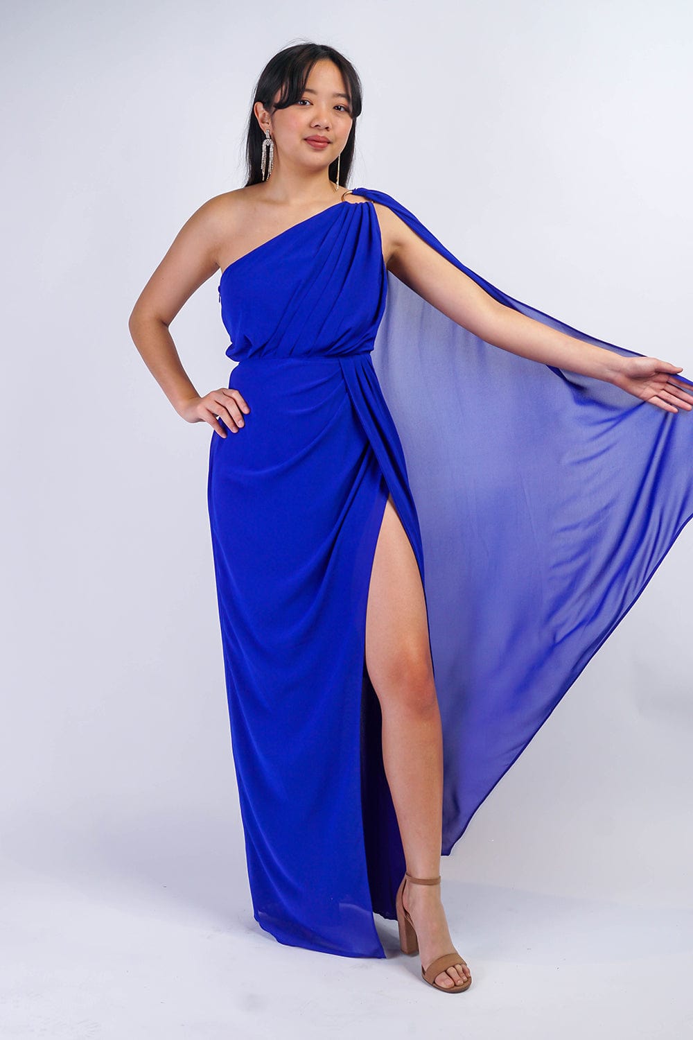 GOWNS Royal Blue One Shoulder Ring Chiffon Gown - Chloe Dao