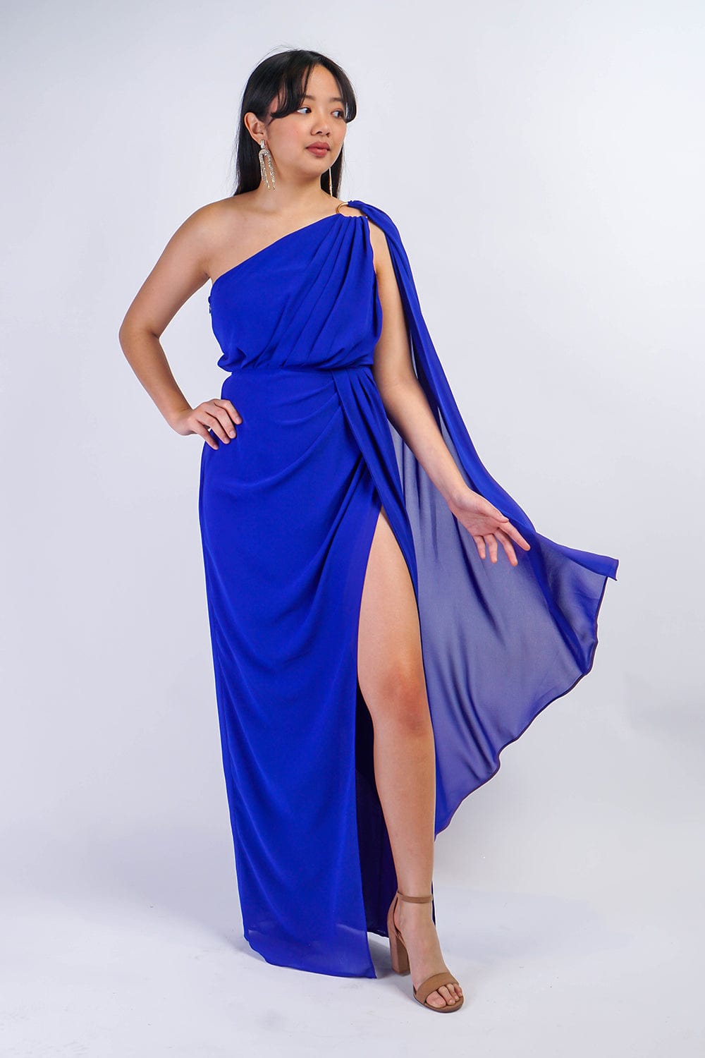 GOWNS Royal Blue One Shoulder Ring Chiffon Gown - Chloe Dao