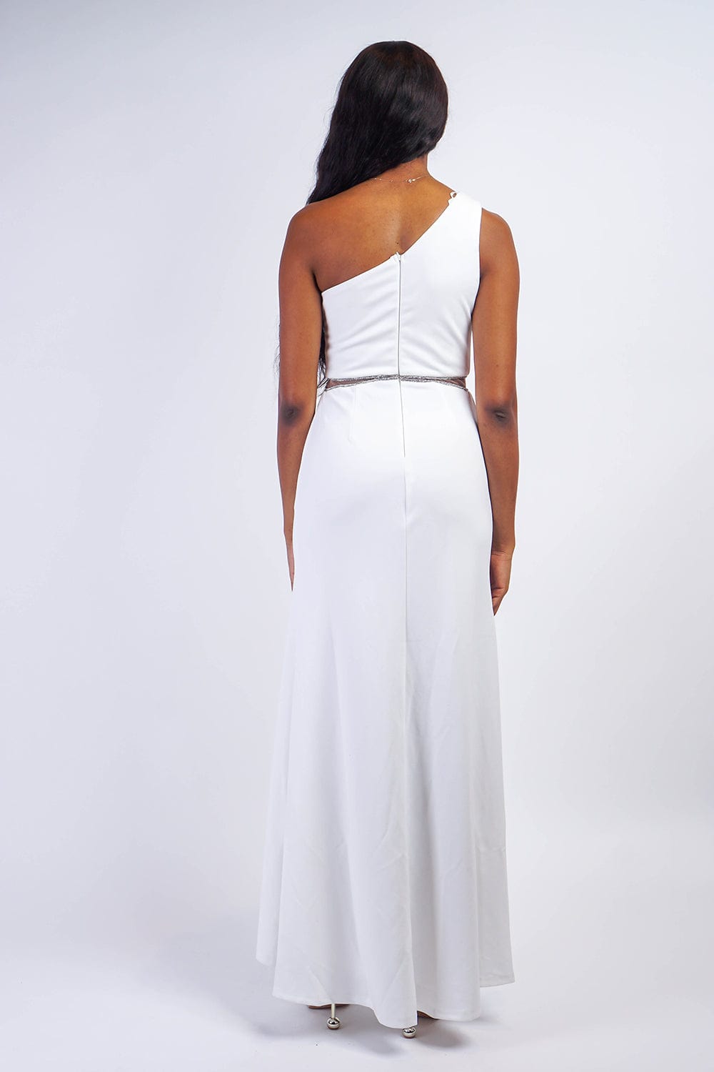 GOWNS White One Shoulder Crystal Trim Gown - Chloe Dao