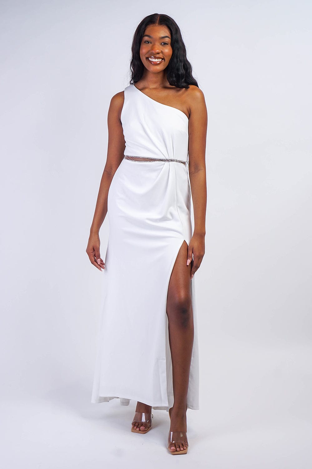 GOWNS White One Shoulder Crystal Trim Gown - Chloe Dao