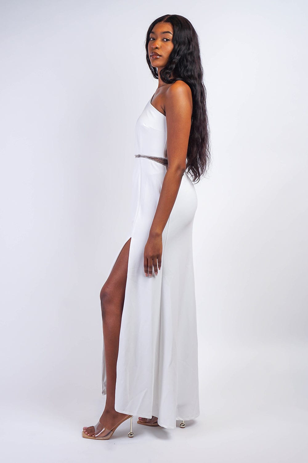 White One Shoulder Crystal Trim Gown Chloe Dao