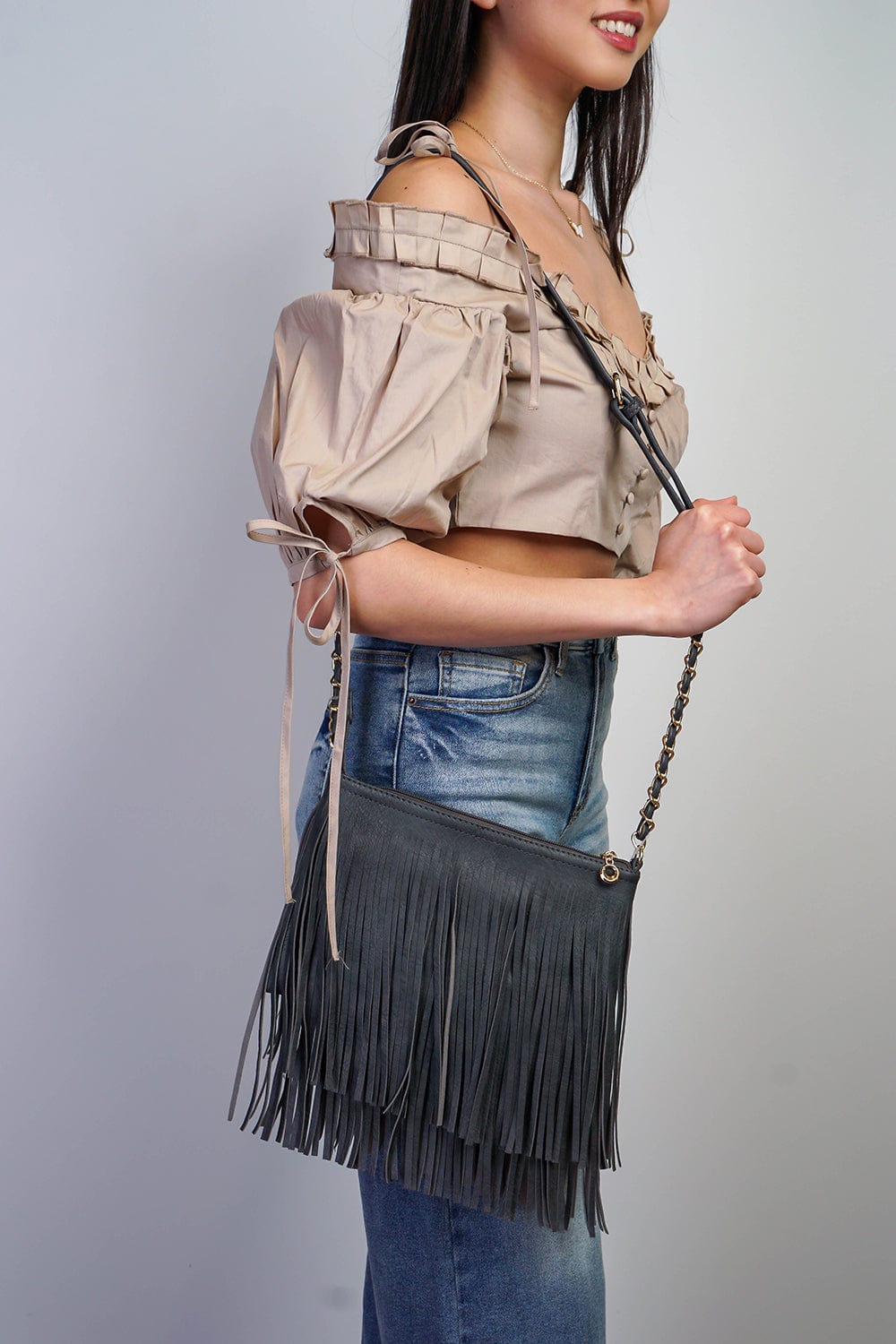 HANDBAGS Charcoal Pleather Fringe Bag - Chloe Dao