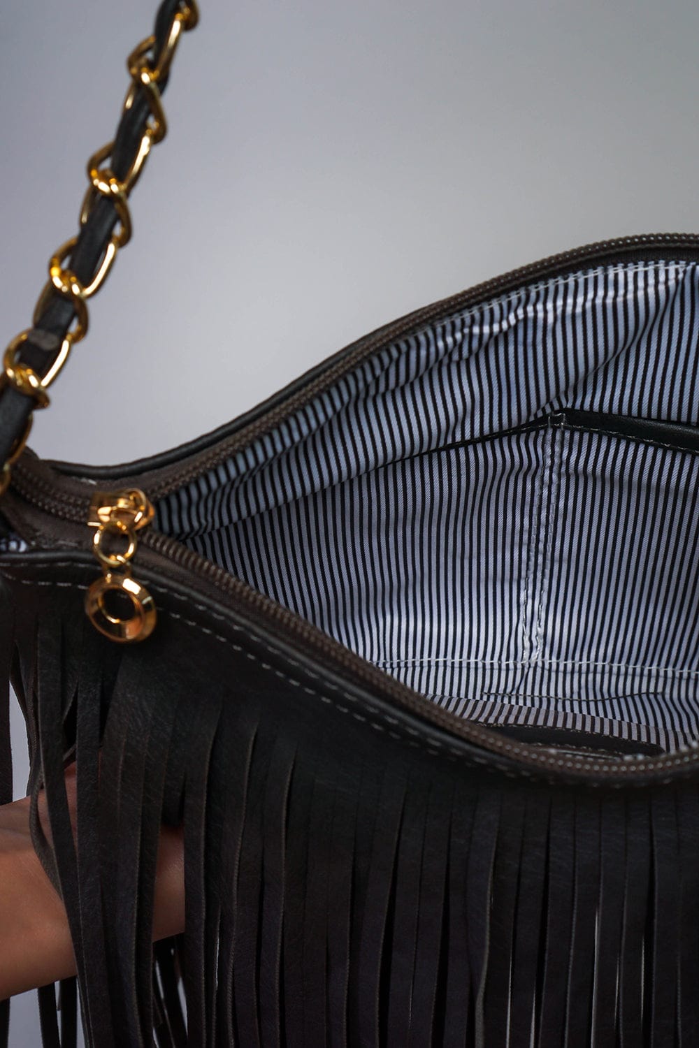 HANDBAGS Charcoal Pleather Fringe Bag - Chloe Dao