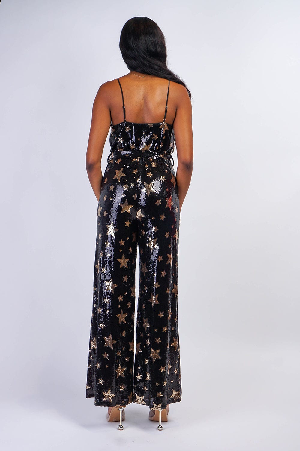 JUMPSUITS &amp; ROMPERS Gold Star Sequin Black Jumpsuit - Chloe Dao