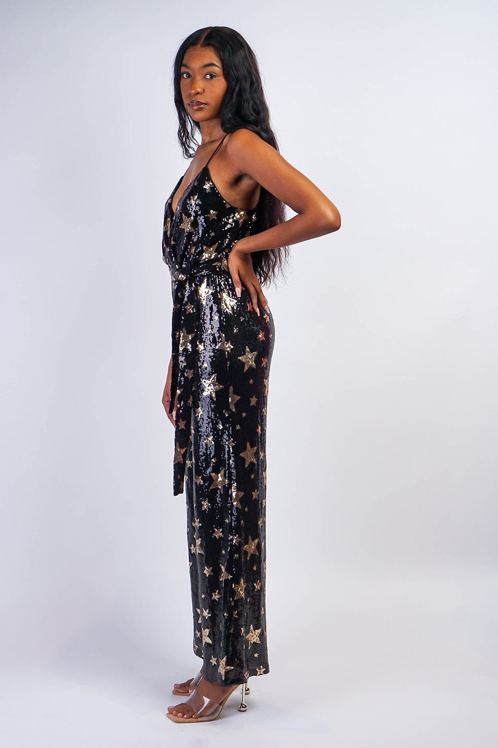 JUMPSUITS &amp; ROMPERS Gold Star Sequin Black Jumpsuit - Chloe Dao
