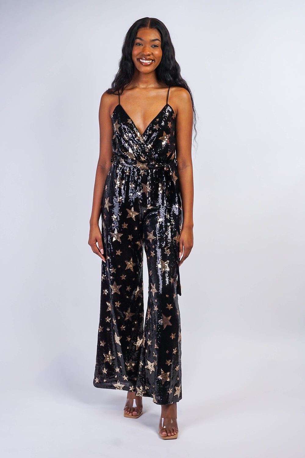 JUMPSUITS &amp; ROMPERS Gold Star Sequin Black Jumpsuit - Chloe Dao