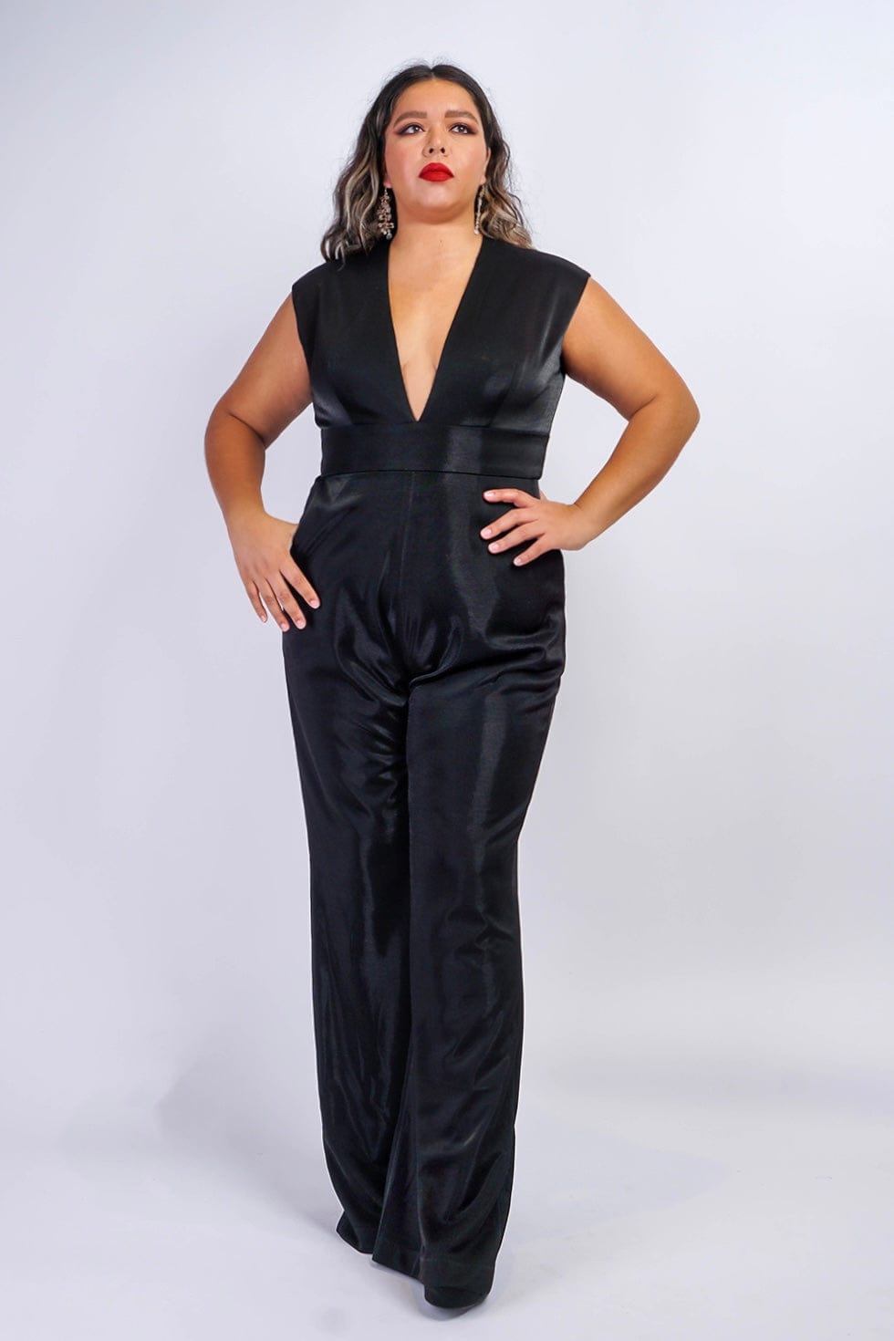 JUMPSUITS &amp; ROMPERS Black Lux Sheen V Neck Aiden Jumpsuit - Chloe Dao