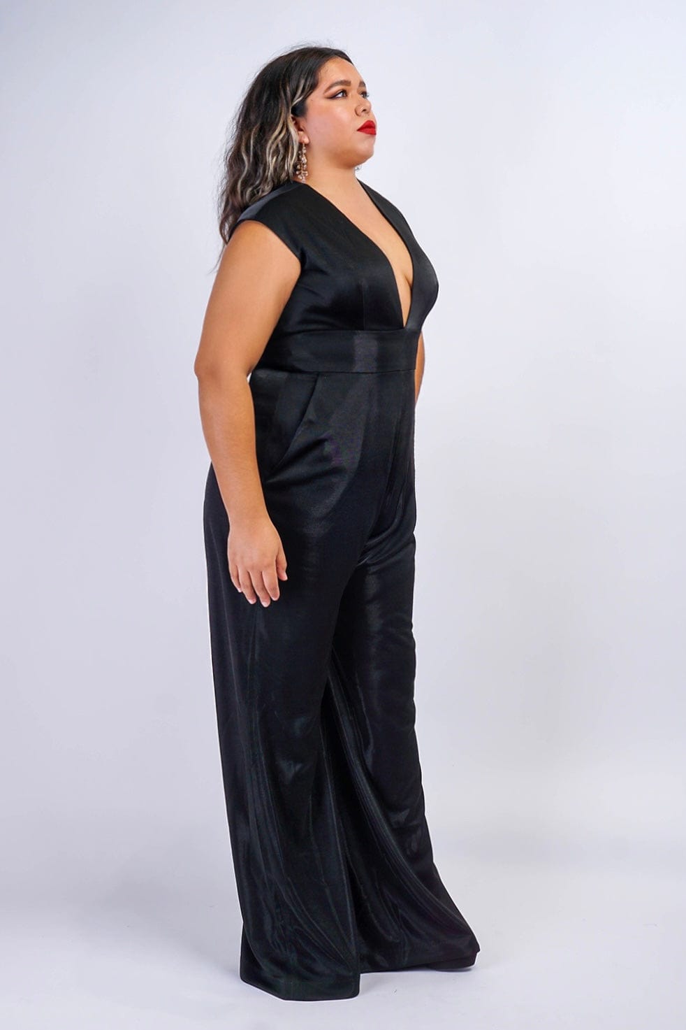 JUMPSUITS & ROMPERS Black Lux Sheen V Neck Aiden Jumpsuit - Chloe Dao